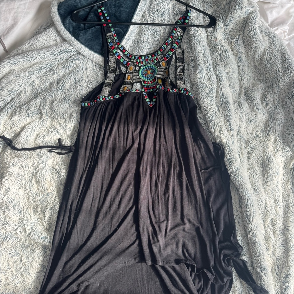 Free People Black Dress with Colorful Embellishments